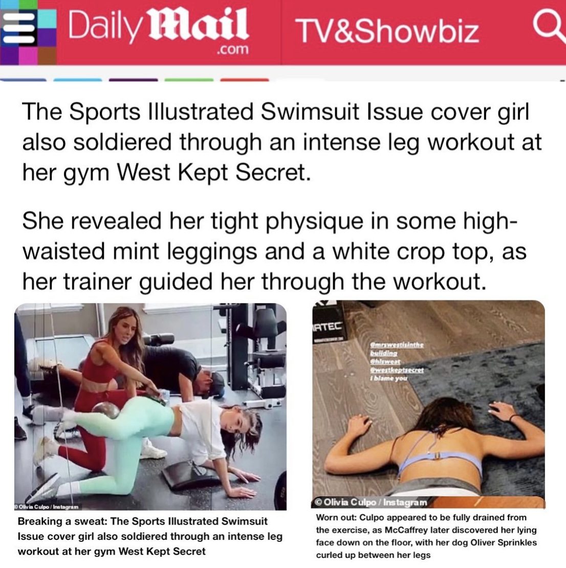 Daily Mail - Olivia Culpo working out with WKS at home